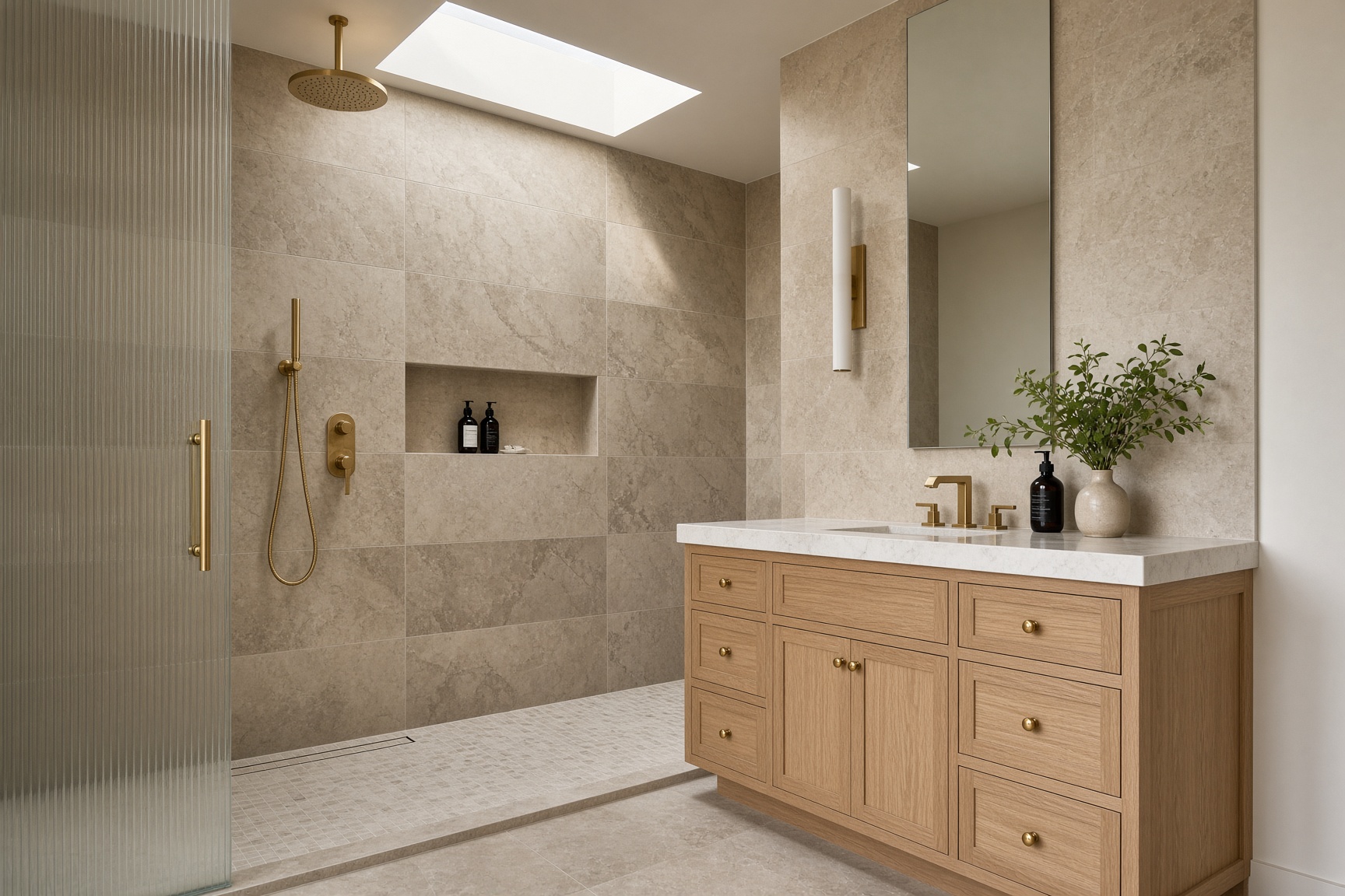 Walk-in shower in large stone tile with fluted glass and brass fittings