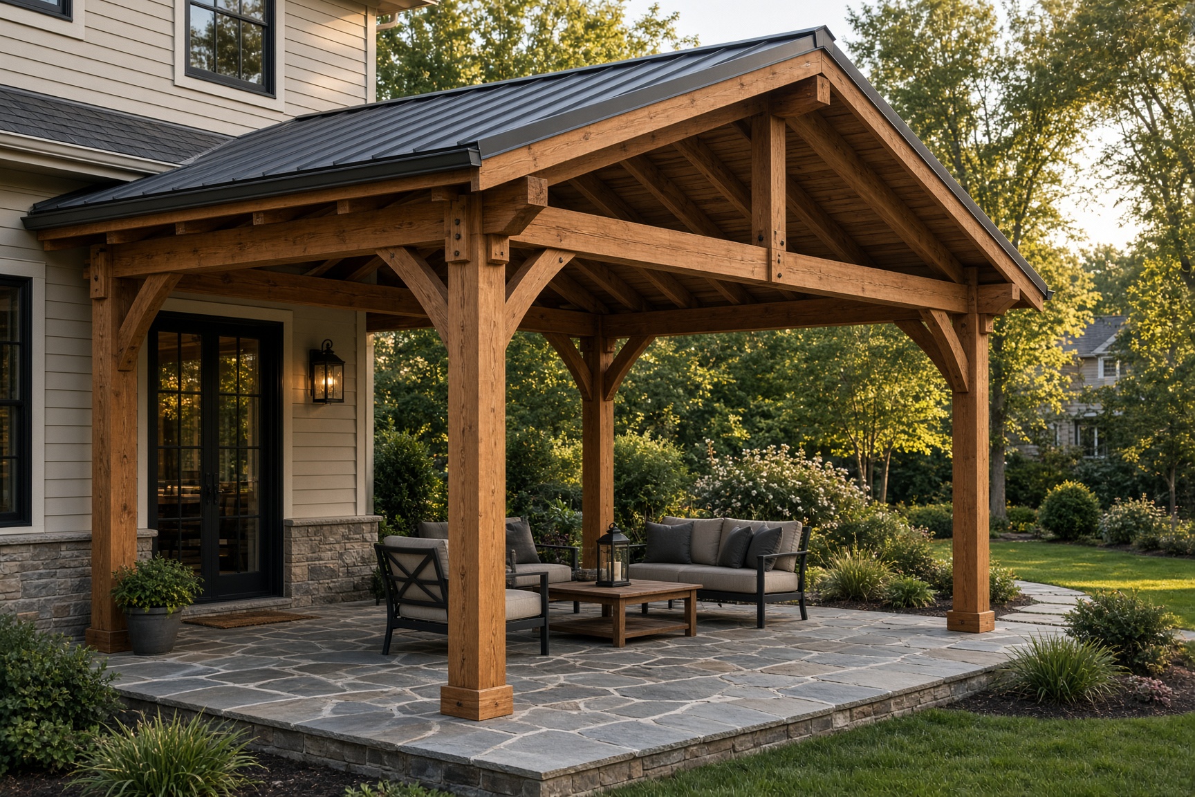 Cedar pavilion with a standing-seam metal roof on a stone patio behind a house