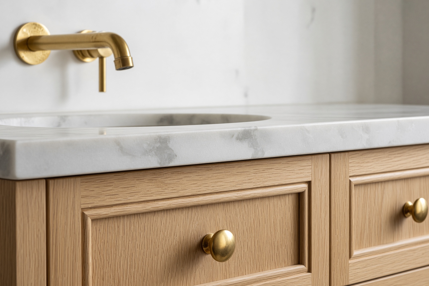 Close view of a white oak vanity, stone top, and wall-mounted brass faucet